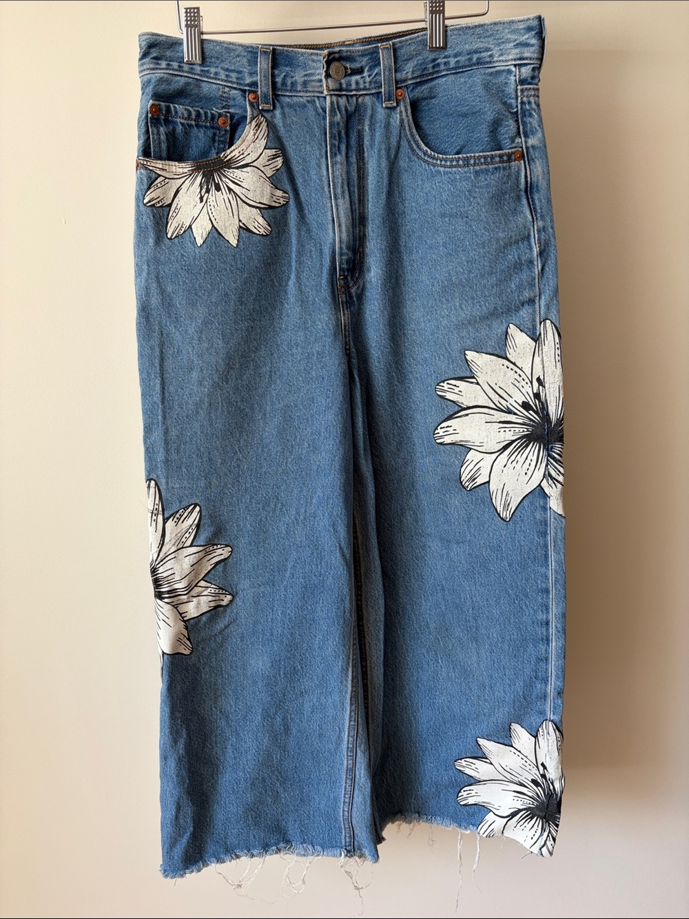 Levi's Blue Denim Wide-Leg Jeans with White Floral Prints